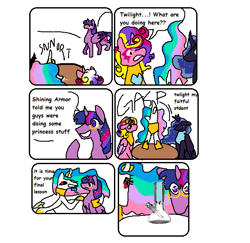 Size: 590x573 | Tagged: safe, artist:nachosforfree, princess cadance, princess celestia, princess luna, twilight sparkle, alicorn, pony, g4, comic, drugs, glasses, redesign, sitting, smiling, text, twilight sparkle (alicorn)