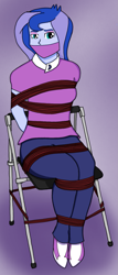 Size: 719x1679 | Tagged: safe, artist:fishielo, princess luna, vice principal luna, human, equestria girls, g4, arm behind back, bondage, bound and gagged, breasts, chair, cloth gag, female, fetish, folding chair, gag, legs together, looking at you, purple background, requested art, rope, rope bondage, simple background, sitting, solo, tied to chair