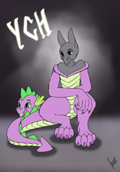 Size: 1640x2360 | Tagged: safe, artist:stirren, spike, anthro, g4, clothes, commission, cosplay, costume, disembodied head, ears up, fursuit, partially undressed, your character here