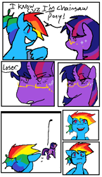 Size: 384x664 | Tagged: safe, artist:nachosforfree, rainbow dash, twilight sparkle, pegasus, pony, unicorn, g4, comic, frown, glasses, smiling, text