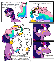 Size: 855x968 | Tagged: safe, artist:nachosforfree, princess celestia, twilight sparkle, alicorn, pony, unicorn, g4, comic, duo, frown, glasses, smiling, text, unicorn twilight