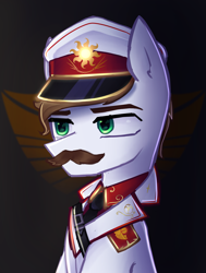 Size: 2145x2840 | Tagged: safe, artist:opal_radiance, oc, oc only, oc:kertz schmane, earth pony, pony, bust, clothes, earth pony oc, eyebrows, facial hair, gradient background, hat, high res, male, military hat, moustache, portrait, solar empire, solo, stallion, uniform, white