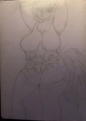 Size: 2859x4029 | Tagged: safe, artist:darkini von blessy, oc, oc only, anthro, anthro oc, armpits, big breasts, breasts, clothes, drawing, female, lineart, monochrome, pencil drawing, pose, short hair, sketch, sketchbook, smiling, smirk, solo, traditional art