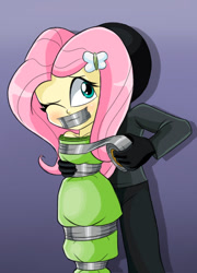 Size: 463x644 | Tagged: safe, artist:gaggeddude32, fluttershy, human, equestria girls, g4, bondage, bound and gagged, clothes, damsel in distress, duct tape, female, gag, kidnapped, sheet, tape, tape bondage, tape gag, tied up, tight clothing, wrapped up