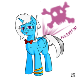 Size: 800x800 | Tagged: safe, artist:happydeadpony, oc, oc only, oc:cloudie, alicorn, pony, alicorn oc, bowtie, fart, fart noise, female, glasses, horn, looking at you, mare, onomatopoeia, simple background, skull and crossbones, solo, sound effects, tongue out, white background, wings
