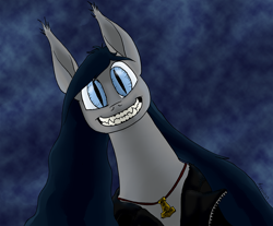 Size: 1280x1061 | Tagged: safe, artist:darkhestur, oc, oc only, oc:dark, bat pony, bat pony oc, clothes, fangs, jacket, jewelry, looking at you, looking down, looking down at you, male, necklace, sake, smiling, solo
