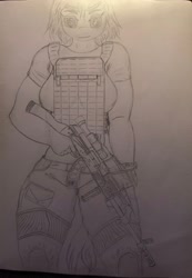 Size: 2782x4029 | Tagged: safe, artist:darkini von blessy, oc, oc only, anthro, anthro oc, armor, armored pony, breastplate, breasts, chestplate, clothes, drawing, equipment, female, gun, lineart, monochrome, pencil drawing, short hair, sketch, sketchbook, solo, traditional art, weapon
