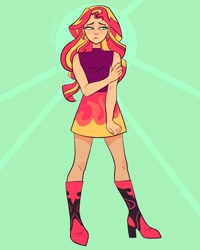 Size: 1280x1600 | Tagged: safe, artist:pxndlife, sunset shimmer, human, equestria girls, g4, boots, clothes, fishnet stockings, frown, high heel boots, shoes, skirt, solo