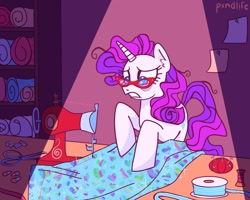 Size: 1280x1024 | Tagged: safe, artist:pxndlife, rarity, pony, unicorn, g4, frown, glasses, pincushion, rarity's glasses, scissors, sewing machine, solo