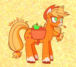 Size: 1280x1143 | Tagged: safe, artist:pxndlife, applejack, earth pony, pony, g4, apple, food, freckles, hat, smiling, solo