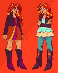 Size: 1280x1600 | Tagged: safe, artist:pxndlife, sunset shimmer, human, equestria girls, g4, boots, clothes, denim, duality, female, frown, high heel boots, jacket, jeans, orange background, pants, self paradox, shoes, simple background, skirt, time paradox