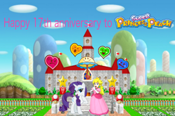 Size: 3000x2000 | Tagged: safe, artist:moongazeponies, artist:user15432, rarity, gloom, human, pony, unicorn, g4, angry, barely pony related, calm, castle, crossover, happy, happy anniversary, heart, high res, joy, looking at you, mushroom kingdom, open mouth, open smile, parasol (umbrella), pokémon, princess peach, princess peach's castle, rage, raripeach, sad, smiling, smiling at you, super mario bros., super princess peach, umbrella