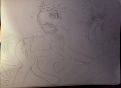 Size: 4032x2922 | Tagged: safe, artist:darkini von blessy, rarity, oc, earth pony, pony, unicorn, g4, boop, clothes, dictator, drawing, earth pony oc, funny, hat, japanese, jojo reference, lineart, monochrome, pony oc, serious, serious face, server, sketch, sketchbook, sunglasses, traditional art
