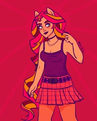 Size: 1280x1600 | Tagged: safe, artist:pxndlife, sunset shimmer, human, equestria girls, g4, belt, choker, clothes, female, ponied up, red background, simple background, skirt, smiling, solo, tank top