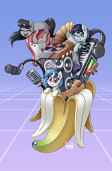 Size: 2450x3750 | Tagged: safe, alternate version, artist:fadlihalimns, coloratura, dj pon-3, octavia melody, vinyl scratch, earth pony, pony, unicorn, g4, 2020, banana, banana peel, eyes closed, food, guitar, headphones, high res, microphone, musical instrument, old art, one eye closed, open mouth, stereo, violin, wub