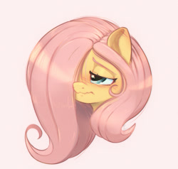 Size: 1200x1142 | Tagged: safe, artist:inkypuso, fluttershy, pegasus, pony, g4, blushing, bust, cute, female, hair over one eye, mare, pink background, sad, sadorable, shyabetes, simple background, solo, wavy mouth