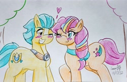 Size: 3688x2407 | Tagged: safe, artist:gmangamer25, hitch trailblazer, sunny starscout, earth pony, pony, g5, 2022, blushing, female, heart, high res, male, mane stripe sunny, multicolored hair, old art, ship:starblazer, shipping, simple background, smiling, stallion, straight, traditional art