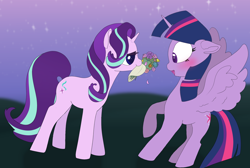 Size: 1952x1310 | Tagged: safe, artist:opal2023, starlight glimmer, twilight sparkle, alicorn, pony, unicorn, g4, blushing, bouquet of flowers, couple, cute, duo, duo female, female, flower, glimmerbetes, lesbian, looking at each other, looking at someone, mare, mouth hold, night, open mouth, open smile, pair, ship:twistarlight, shipping, smiling, smiling at each other, spread wings, stars, twilight sparkle (alicorn), wings