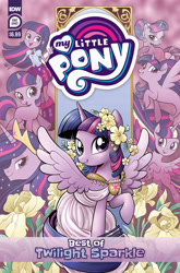 Size: 2063x3131 | Tagged: safe, artist:brenda hickey, idw, official comic, twilight sparkle, alicorn, human, pony, seapony (g4), unicorn, series:best of my little pony, equestria girls, g4, official, the last problem, beautiful, blank flank, clothes, comic cover, cover, crown, crystallized, dress, ethereal mane, female, filly, filly twilight sparkle, foal, high res, horn, jewelry, mare, multeity, my little pony logo, older, older twilight, older twilight sparkle (alicorn), princess twilight 2.0, rainbow power, regalia, seaponified, seapony twilight, solo, sparkle sparkle sparkle, species swap, spread wings, twilight sparkle (alicorn), unicorn twilight, wings, younger