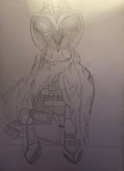 Size: 2851x3940 | Tagged: safe, artist:darkini von blessy, pony, armor, armored pony, chestplate, cloak, clothes, disguise, drawing, equipment, hero, heroine, high res, katana, knife, lineart, mask, monochrome, pencil drawing, powered exoskeleton, robotic arm, sketch, sketchbook, sword, traditional art, unknown pony, weapon