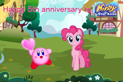 Size: 3000x2000 | Tagged: safe, artist:meganlovesangrybirds, artist:misty114, artist:user15432, pinkie pie, earth pony, pony, g4, anniversary, barely pony related, bush, crossover, flower, happy anniversary, heart, high res, house, kirby, kirby (series), kirby pie, kirby star allies, looking at you, open mouth, open smile, ponyville, smiling