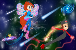 Size: 3000x2000 | Tagged: safe, artist:kova360, artist:user15432, fairy, human, equestria girls, g4, barely eqg related, base used, bloom (winx club), blue wings, boots, cap, clothes, comet, cosmix, crossover, equestria girls style, equestria girls-ified, eyes closed, fairy wings, fingerless gloves, flying, flying mario, galaxy, galaxy background, gloves, glowing hands, hat, high heel boots, high heels, high res, mario, mario's hat, milky way galaxy, overalls, red shoes, shoes, shooting star, smiling, space, sparkly wings, spiral galaxy, stars, super mario bros., super mario galaxy, wings, winx club