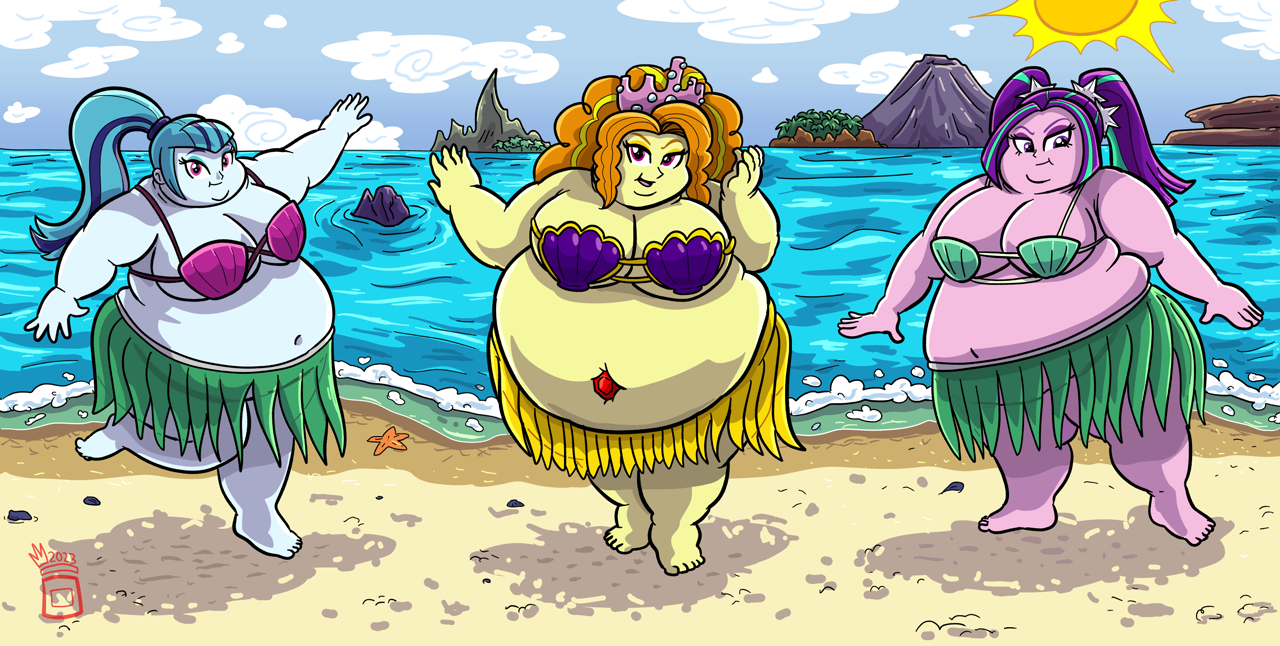 3065824 - suggestive, artist:royaljellysandwich, adagio dazzle, aria blaze,  sonata dusk, human, starfish, equestria girls, g4, adagio wobble, aria  blob, barefoot, bbw, beach, belly, belly button, big belly, bra, breasts,  busty adagio dazzle,