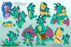 Size: 7363x4836 | Tagged: safe, artist:chub-wub, hitch trailblazer, izzy moonbow, sparky sparkeroni, butterfly, dragon, earth pony, pony, unicorn, g5, absurd file size, absurd resolution, affection, age progression, baby, baby dragon, bag, beard, cellphone, cute, eyes closed, facial hair, father and child, father and son, female, grass, male, mare, markings, older, older hitch trailblazer, older sparky sparkeroni, open mouth, open smile, papa hitch, phone, sleeping, smartphone, smiling, snuggling, sparkybetes, stallion, unshorn fetlocks