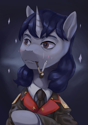 Size: 2480x3508 | Tagged: safe, artist:fly over, oc, oc only, oc:starry night (eaw), pony, unicorn, equestria at war mod, blushing, cigarette, clothes, female, high res, mare, necktie, pipe, solo, unicorn oc, uniform