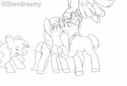 Size: 800x547 | Tagged: safe, artist:standreamy, hitch trailblazer, izzy moonbow, sunny starscout, zipp storm, earth pony, pegasus, pony, unicorn, g5, blushing, boop, female, male, monochrome, nose to nose, nose wrinkle, noseboop, ship:starblazer, shipper on deck, shipping, shy, simple background, stallion, straight, white background