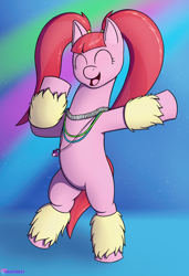 Size: 1638x2400 | Tagged: safe, artist:passionpanther, pacific glow, earth pony, pony, g4, bipedal, cute, dancing, eyes closed, female, glowstick, happy, jewelry, mare, necklace, neon lighting, open mouth, open smile, pacifier, party, pigtails, rave, smiling, solo, standing on two hooves, twintails