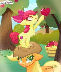 Size: 3440x4096 | Tagged: safe, artist:staceyld636, apple bloom, applejack, earth pony, pony, g4, apple, apple tree, bow, bucket, bush, chest fluff, cowboy hat, duo, female, filly, foal, food, freckles, grass, hair bow, hat, hill, lightning, mare, reaching, shading, sibling love, siblings, sisterly love, sisters, smiling, standing on head, the cmc's cutie marks, tongue out, tree