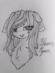 Size: 2678x3570 | Tagged: safe, artist:sodapop sprays, oc, oc only, oc:flower popen, bat pony, pony, bat pony oc, bust, cheek fluff, chest fluff, cute, floppy ears, fluffy, happy, high res, looking at you, solo, that was fast, traditional art