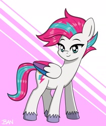 Size: 1502x1786 | Tagged: safe, artist:banquo0, zipp storm, pegasus, pony, g5, adorazipp, alternate hairstyle, colored wings, cute, female, folded wings, mare, multicolored wings, simple background, smiling, solo, unshorn fetlocks, wings