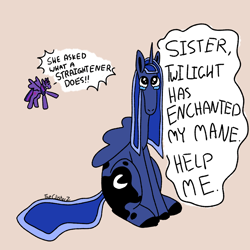 Size: 1280x1280 | Tagged: safe, artist:theclisterz, princess luna, twilight sparkle, alicorn, pony, g4, alternate hairstyle, dialogue, looking at you, straight hair, teary eyes, twilight sparkle (alicorn)