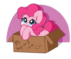 Size: 3904x3236 | Tagged: safe, artist:kittyrosie, pinkie pie, earth pony, pony, box, bronybait, crying, cute, diapinkes, pony in a box, sad, sadorable, simple background, solo, teary eyes, transparent background