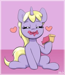 Size: 1456x1684 | Tagged: safe, artist:heretichesh, dinky hooves, pony, unicorn, g4, cute, dinkabetes, eating, female, filly, floating heart, foal, food, heart, hoof hold, messy eating, pie, signature, sitting, solo