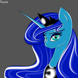 Size: 3000x3000 | Tagged: safe, artist:panelub, princess luna, alicorn, pony, g4, bust, colored, female, gray background, high res, portrait, simple background, solo