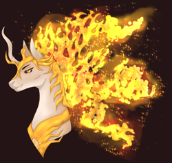 Size: 2754x2626 | Tagged: safe, artist:toge-kissed, daybreaker, alicorn, pony, g4, black background, bust, digital art, fangs, female, fire, flowing mane, helmet, high res, horn, looking at you, mane of fire, mare, peytral, portrait, simple background, smiling, solo, yellow eyes
