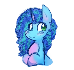 Size: 795x751 | Tagged: safe, artist:zutcha, misty brightdawn, pony, unicorn, g5, blushing, bust, cute, female, freckles, mare, mistybetes, simple background, smiling, solo, white background