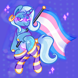 Size: 1280x1280 | Tagged: artist needed, safe, trixie, pony, unicorn, g4, clothes, digital art, ear piercing, earring, horn, jewelry, piercing, pride, pride flag, simple background, socks, solo, striped socks, tail, thigh highs, trans trixie, transgender, transgender pride flag