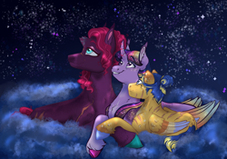 Size: 1280x896 | Tagged: safe, artist:miyalaflordorada, fizzlepop berrytwist, flash sentry, tempest shadow, twilight sparkle, alicorn, pegasus, pony, unicorn, g4, alternate hairstyle, bisexual, broken horn, cloud, colored hooves, commission, female, horn, larger female, lesbian, looking up, lying down, lying on a cloud, male, mare, night, on a cloud, polyamory, prone, scar, ship:flashlight, ship:tempestlight, shipping, size difference, smaller male, stallion, stars, straight, tempestflashlight, tempestsentry, twilight sparkle (alicorn), unshorn fetlocks