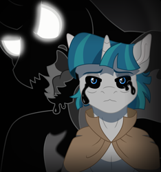 Size: 3047x3257 | Tagged: dead source, safe, artist:faitheverlasting, pony of shadows, stygian, pony, unicorn, g4, black background, black sclera, black tears, cloak, clothes, duo, glowing, glowing eyes, high res, male, simple background, stallion