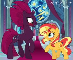 Size: 2684x2238 | Tagged: safe, artist:paigezilla, sunset shimmer, tempest shadow, pony, unicorn, g4, blushing, duo, female, high res, lesbian, looking at each other, looking at someone, open mouth, shipping, show accurate, side view, tempestshimmer