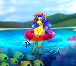 Size: 4000x3484 | Tagged: safe, artist:dreamyrat, oc, oc only, earth pony, fish, pony, blue mane, bubble, commission, coral, crepuscular rays, earth pony oc, female, flowing mane, flowing tail, mare, ocean, open mouth, open smile, seaweed, smiling, solo, sunlight, swimming, tail, underwater, water, yellow eyes