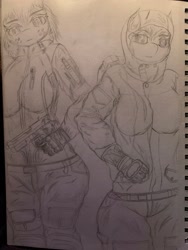Size: 3024x4032 | Tagged: safe, artist:darkini von blessy, oc, oc only, anthro, anthro oc, clothes, duo, duo female, female, freckles, gun, hood, lineart, looking at you, monochrome, pencil drawing, ready to fight, sketch, sketchbook, stare, traditional art, weapon
