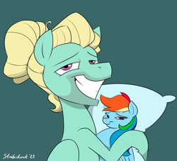 Size: 1426x1296 | Tagged: safe, artist:strebiskunk, rainbow dash, zephyr breeze, pegasus, pony, g4, body pillow, green background, grin, lidded eyes, looking at you, male, shameless, shit eating grin, signature, simple background, smiling, smiling at you, smug, solo, stallion