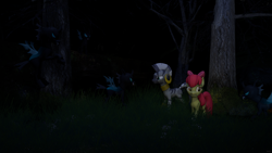 Size: 3840x2160 | Tagged: safe, artist:botxs, apple bloom, zecora, changeling, earth pony, pony, g4, 3d, high res, night, source filmmaker, tree