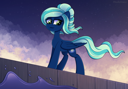 Size: 3300x2300 | Tagged: safe, artist:madelinne, oc, oc only, pegasus, pony, cloud, female, folded wings, high res, human lips, mare, ocean, pegasus oc, sky, solo, standing, stars, sunset, water, wings