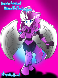 Size: 772x1036 | Tagged: safe, artist:stupidbluehead, rarity, alicorn, anthro, g4, alicornified, armor, armorarity, hand on chest, jetpack, looking at you, race swap, raricorn, smiling, spread wings, walking, wings